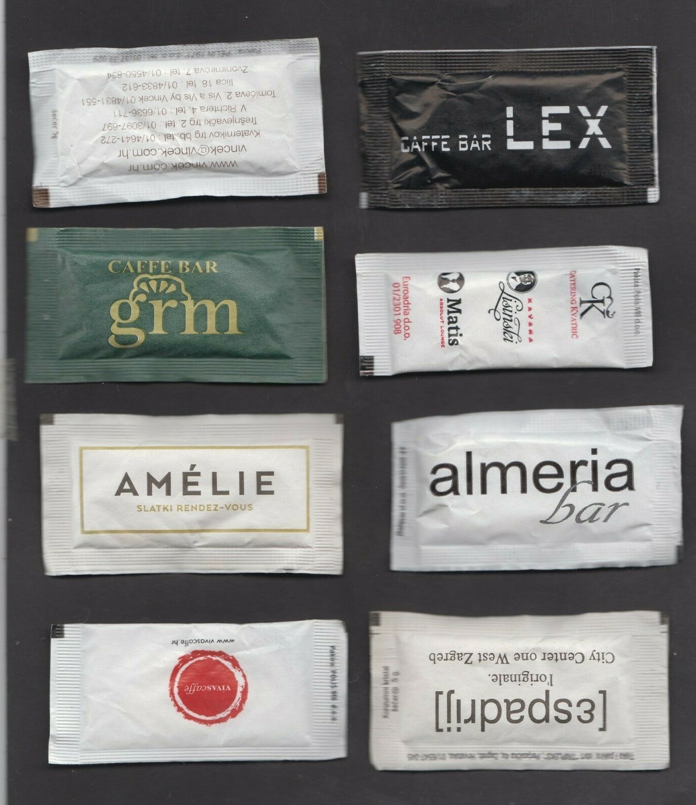 Set of 8 Different Unused Coffee & Tea Sugar Packets Bags from ZAGREB, Croatia