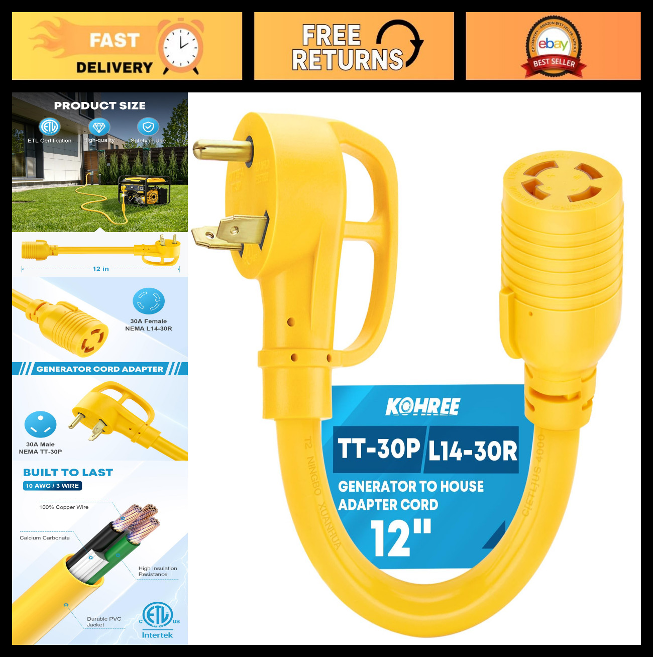 30 Amp Generator Adapter Cord, NEMA TT-30P to L14-30R, 3 Prong to 4 Prong, 12»