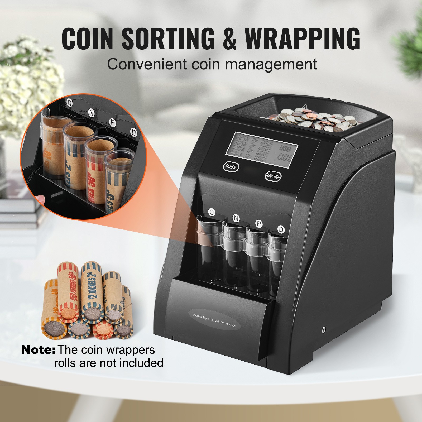 Uimoso USD Coin Sorter Wrapper Roller 150 Coins/min 4 Coin Tubes Store 200 Coins