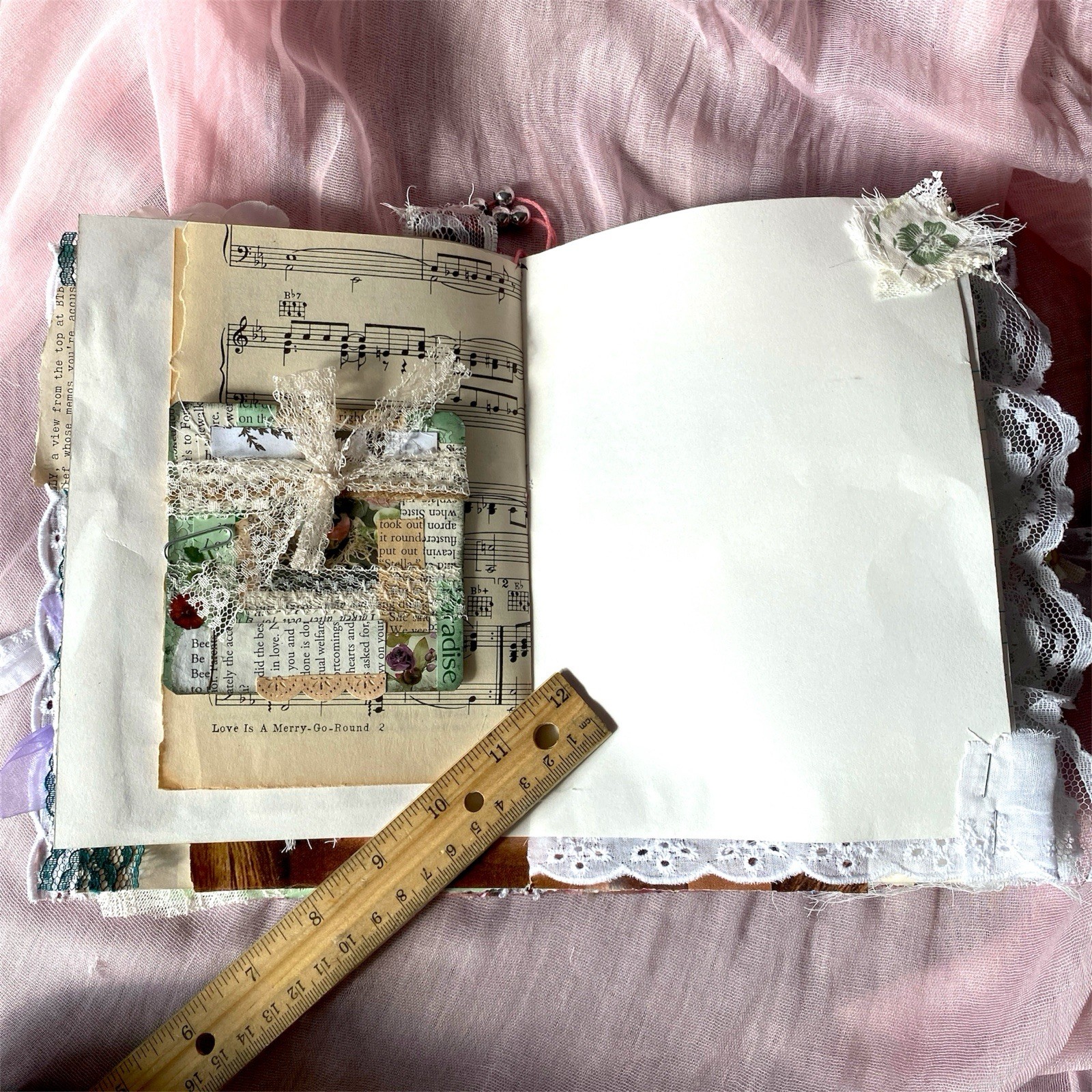 Handmade Vintage Silk Fabric Junk Journal Book Romantic Floral 2 Signatures Lace