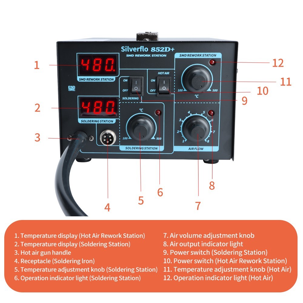 852D+ Soldering & Hot Air Rework Station Stable Air Supply Desoldering Kit