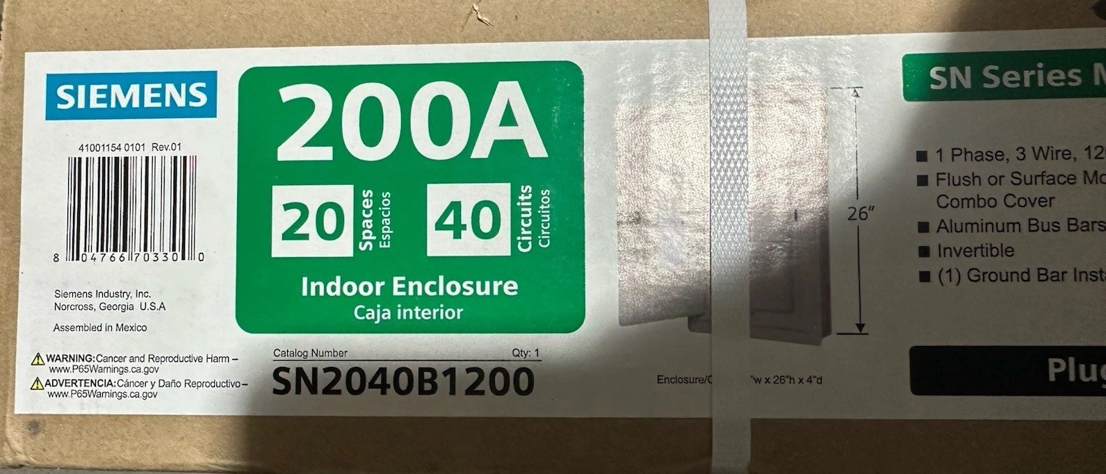 Siemens SN 200amps 20Spaces 40Circuit Indoor Main Breaker Plug-On Neutral Panel