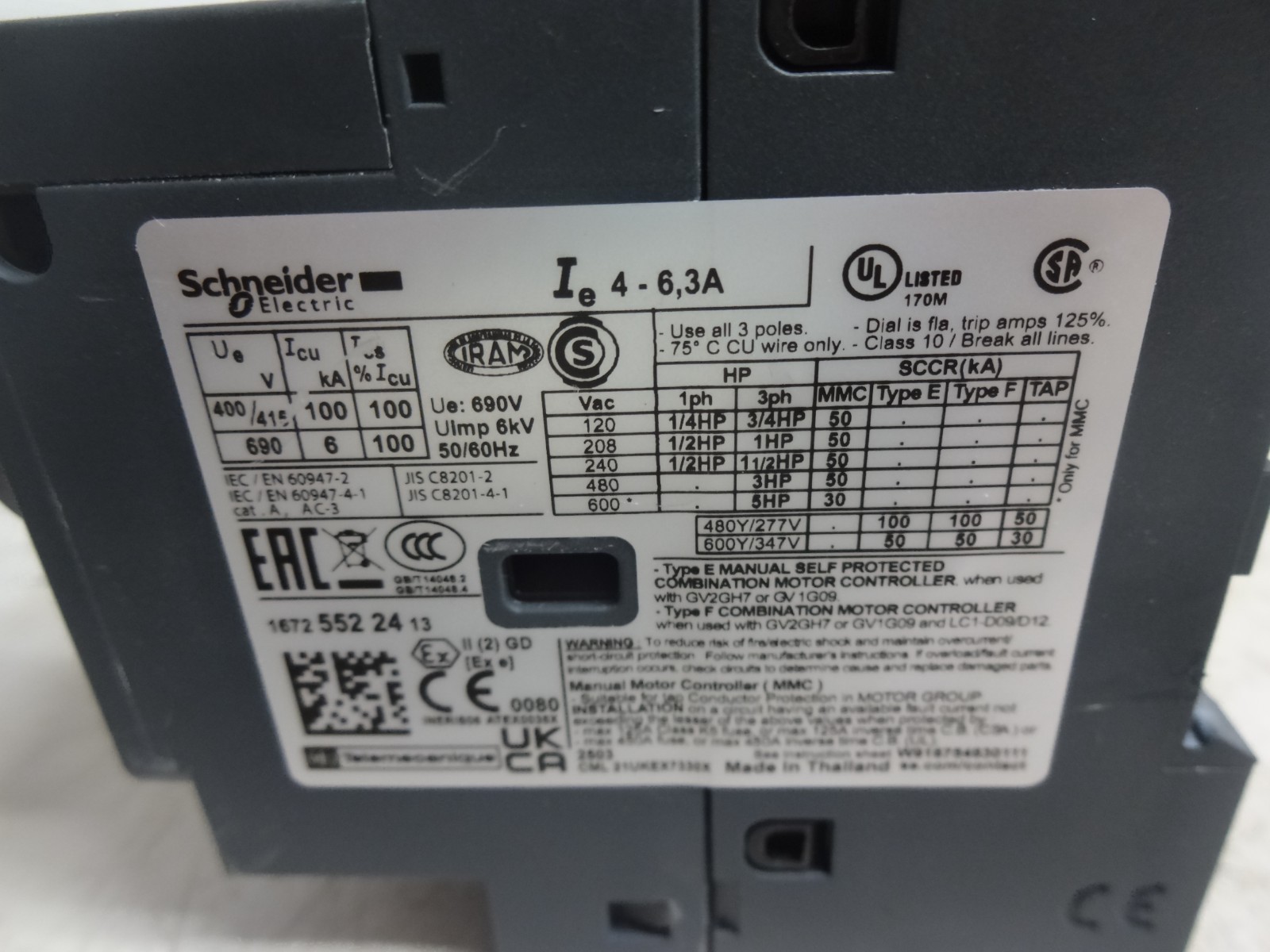 Schneider Electric GV2P10 4-6.3A Circuit Breaker / GVAN11 Auxiliary Contact