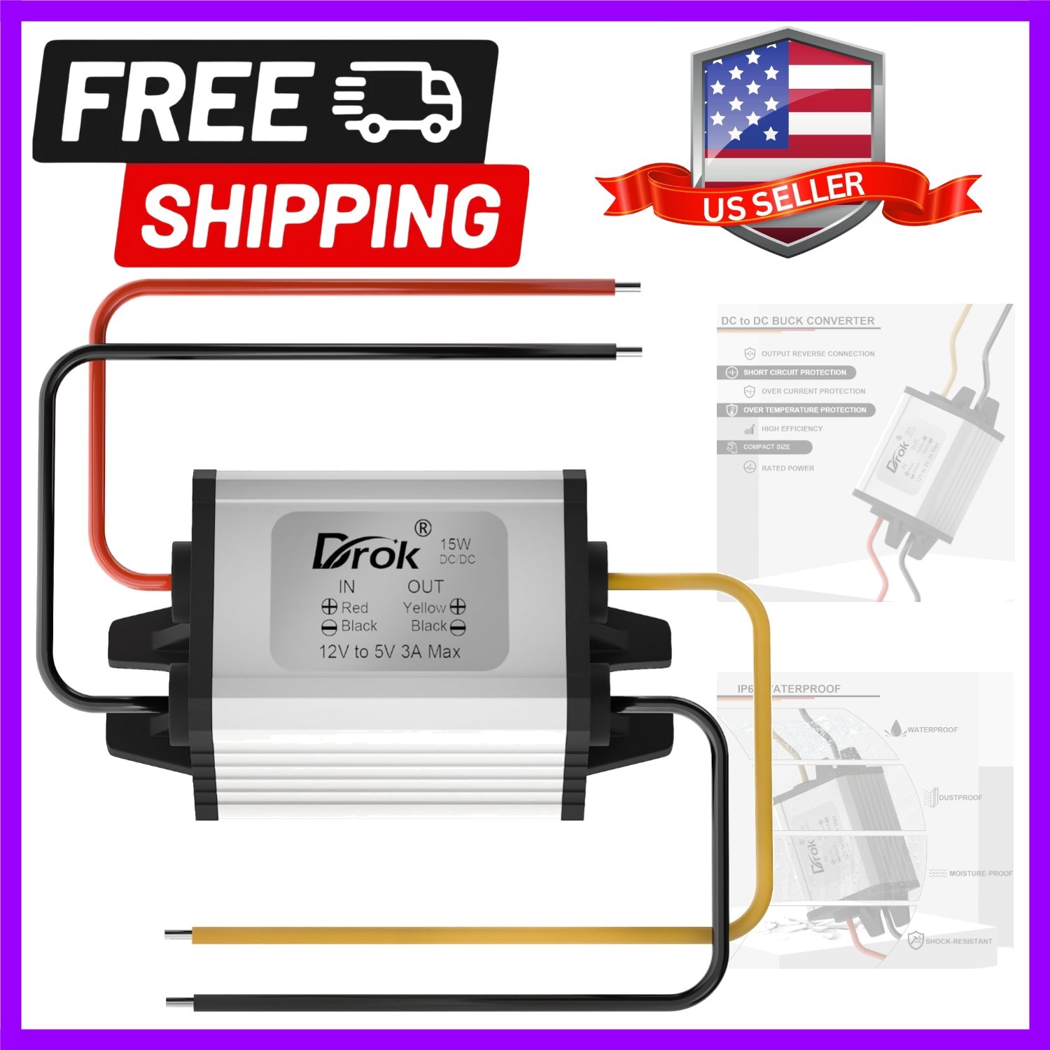 12V to 5V Converter – Waterproof DC to DC Buck Converter 8-35V to 5V 3A 15W V…