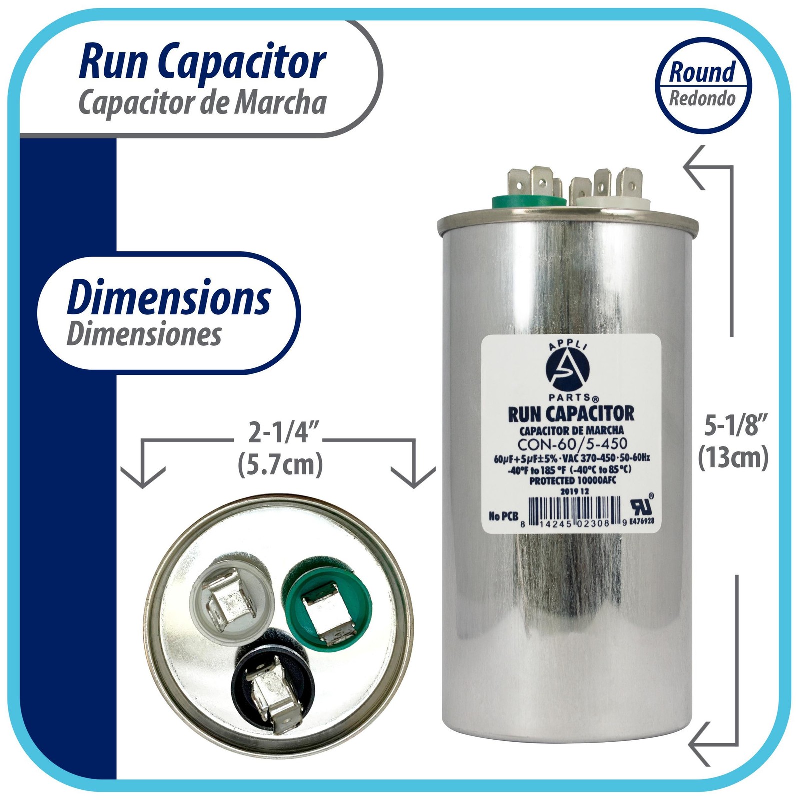 Appli Parts Dual Run Capacitor for ac 60+5 Mfd uF (microfarads) 370VAC or 450VAC