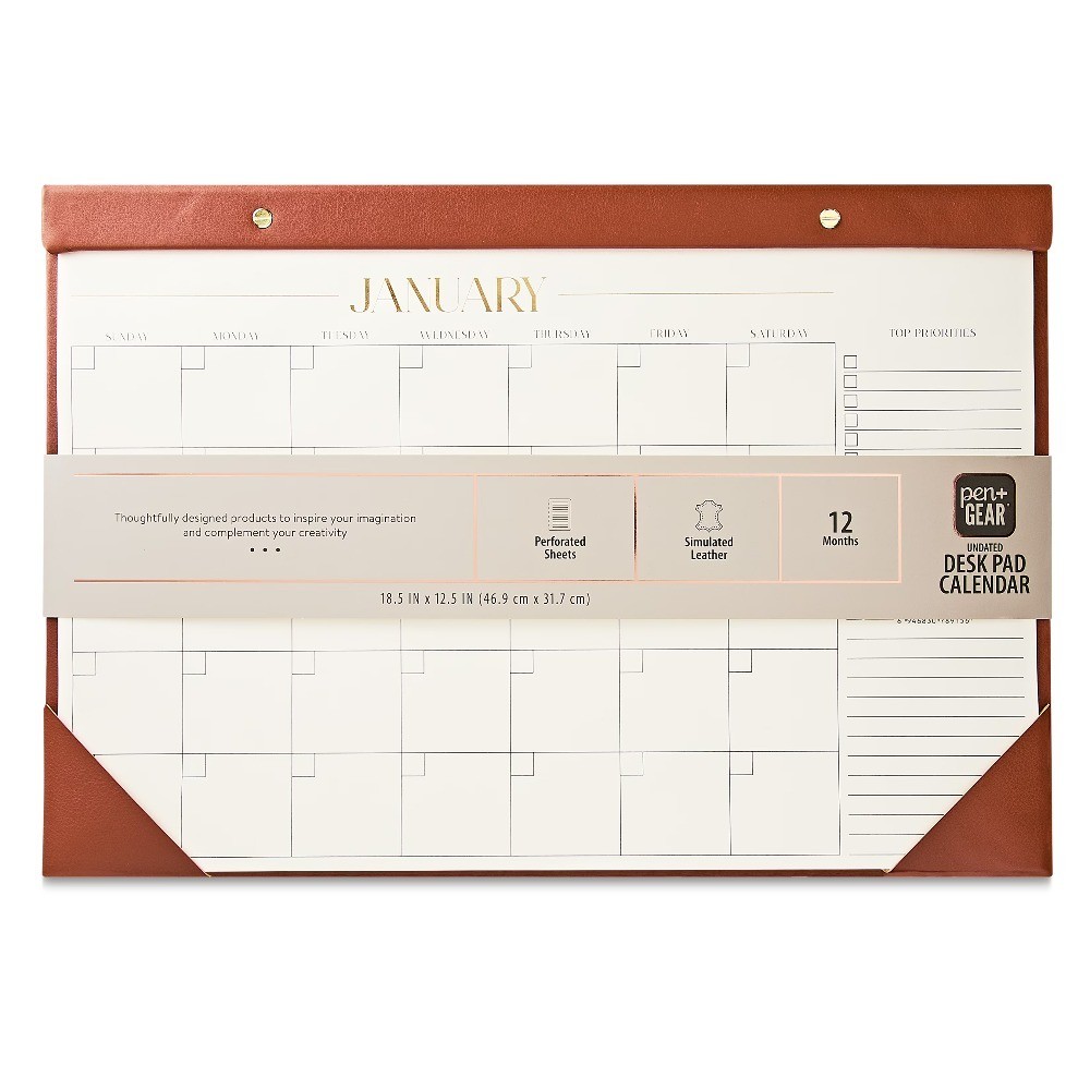 Simulated Leather Desk Blotter Calendar 12 Months Cognac Brown Medium Size