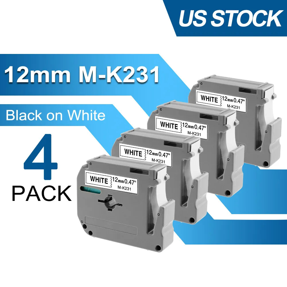 4pk Label Maker Tape 12mm 0.47 Compatible w/ Brother M-K231s P-Touch BLACK WHITE