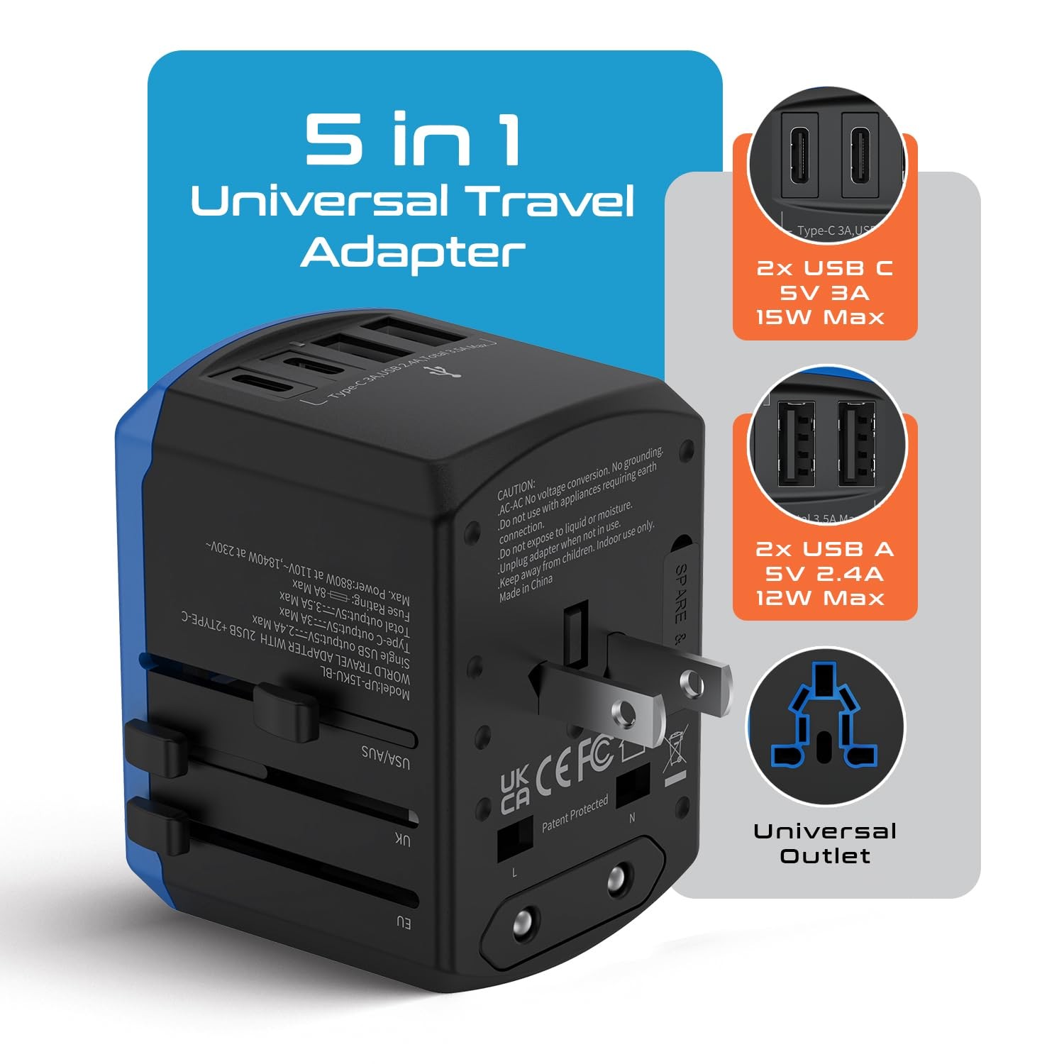 Ceptics Universal Travel Adapter, 5 in 1 Universal Laptop Charger with 2X USB…