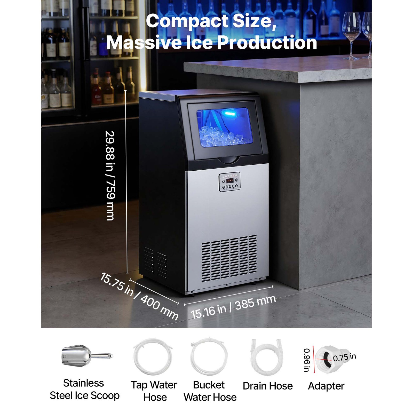 Uimoso 120lbs Commercial Ice Maker Under Counter Ice Cube Machine 30lbs Storage