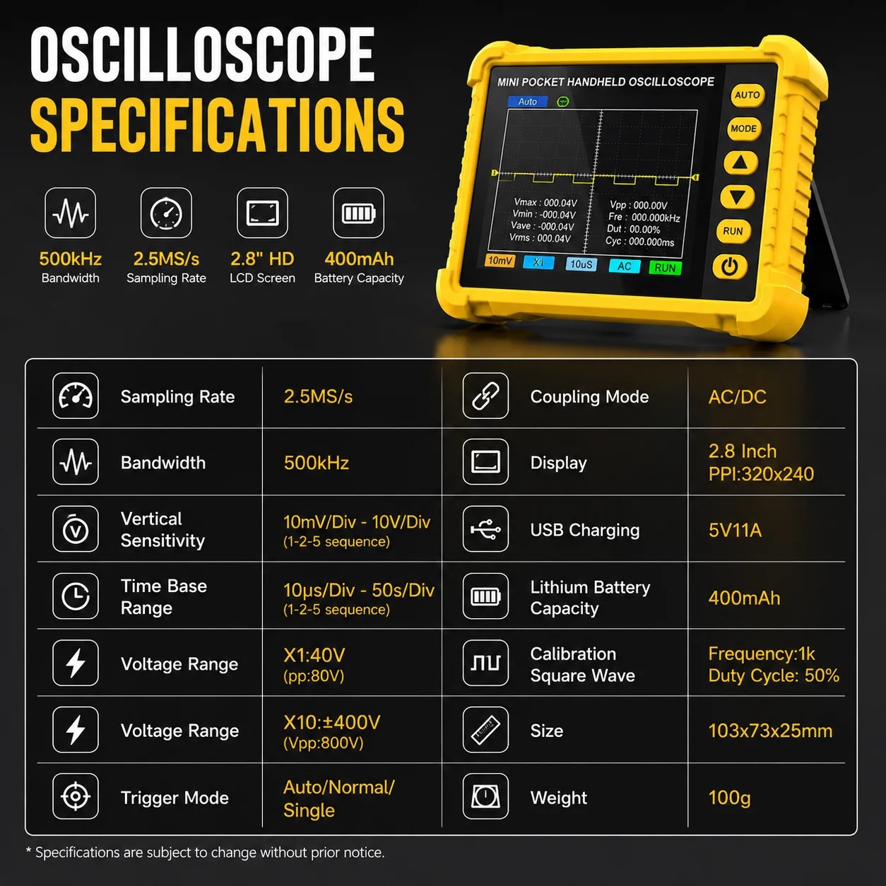 HP-500K Handheld Digital Oscilloscope 500kHz, 2.5MS/s, Portable, Auto, BNC Probe