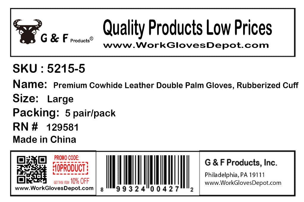 G & F 5215L-5 Premium Suede Double Palm & Index Finger Work Gloves with 2 & 1…