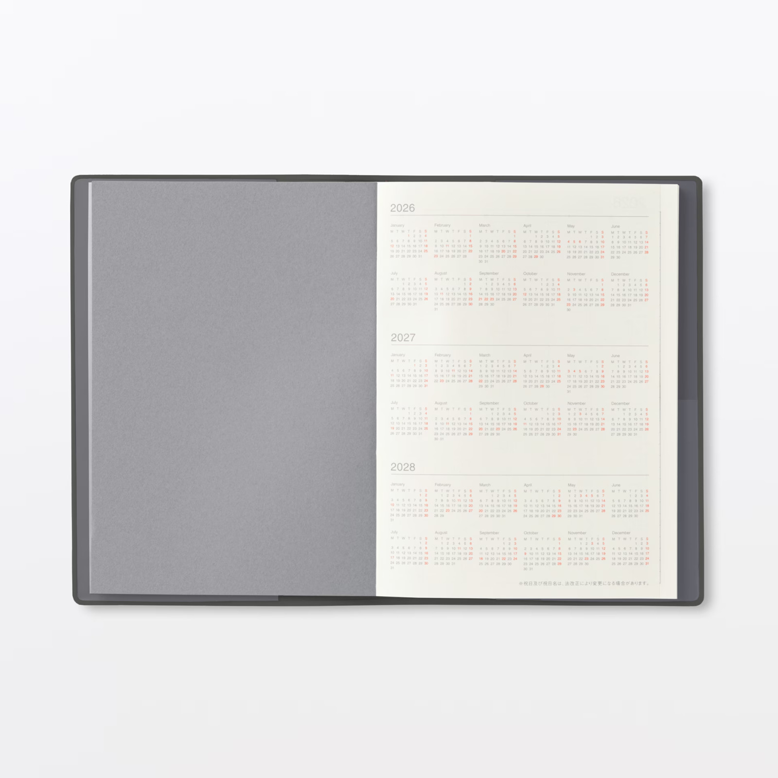Muji 2026 August Start Monthly Weekly Planner Dark-Grey A6/B6/A5/B5