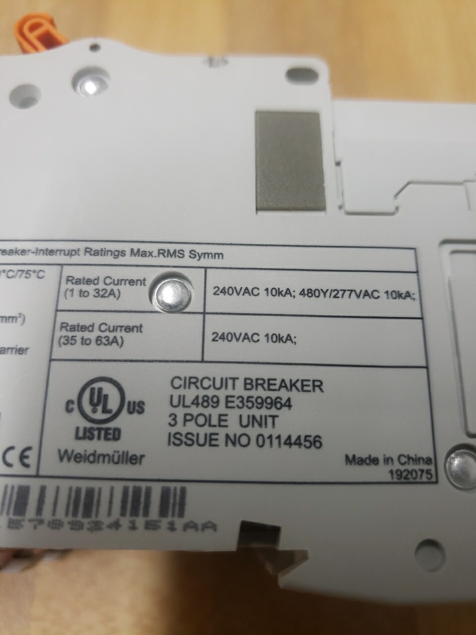 WEIDMULLER Branch Circuit Breaker # BR3C2UC, 3 Pole 240 Volts New 2478330000