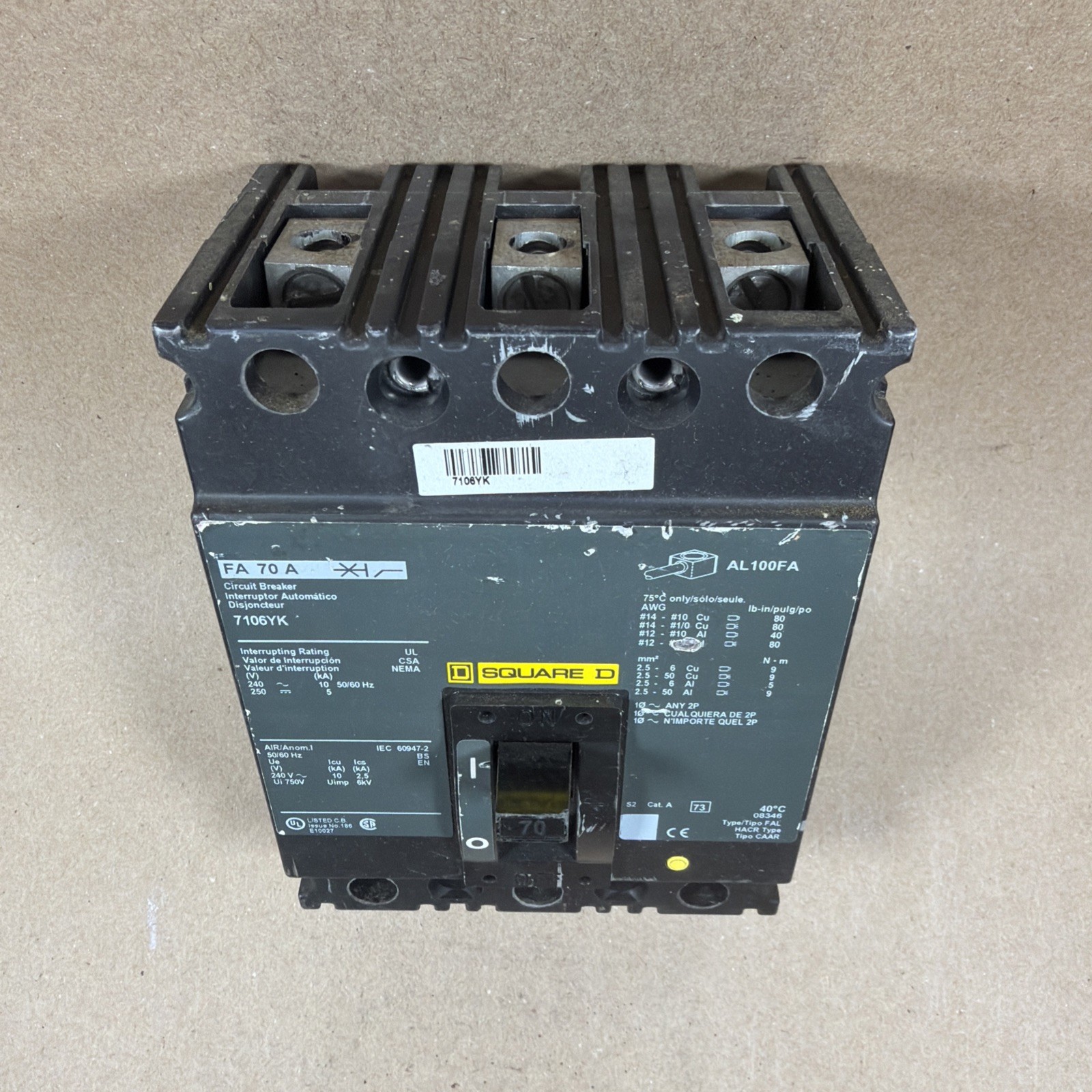 TESTED🔥 SQUARE D FH 70 A 3 pole 70 amp 600v AL100FA Switch 7106YK