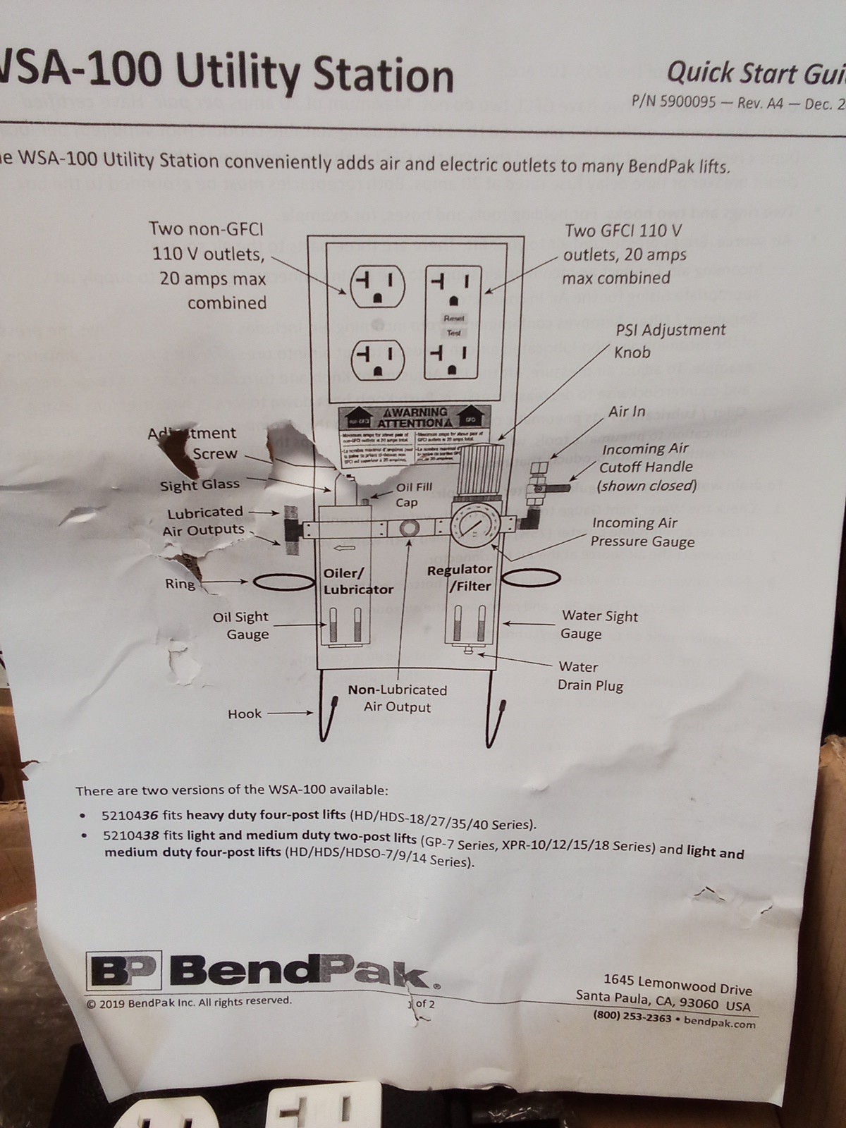 BendPak Air Regulator WSA-100 Utility Station