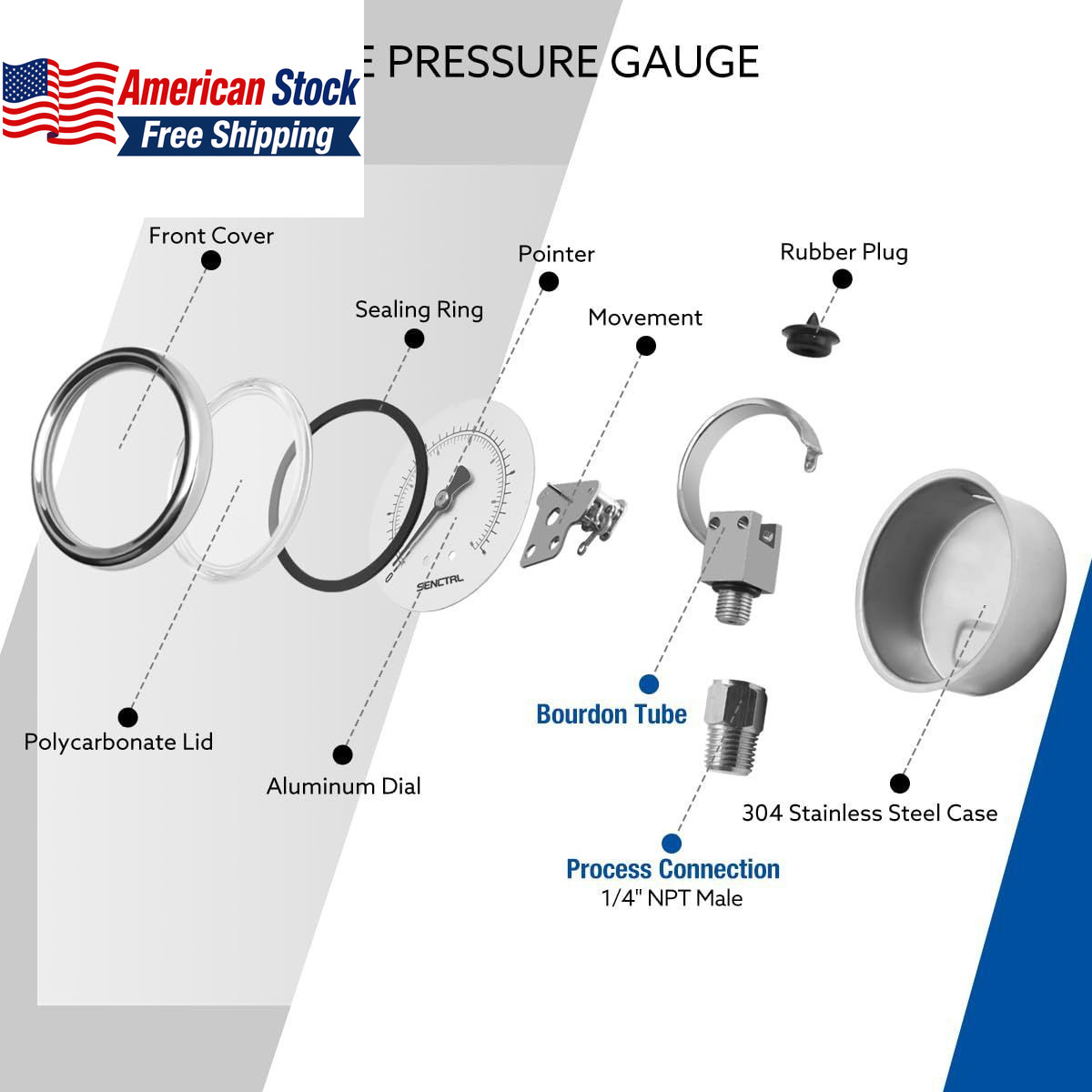 5000 PSI Liquid Filled Pressure Gauge 2.5in 1/4in NPT Stainless FROM USA