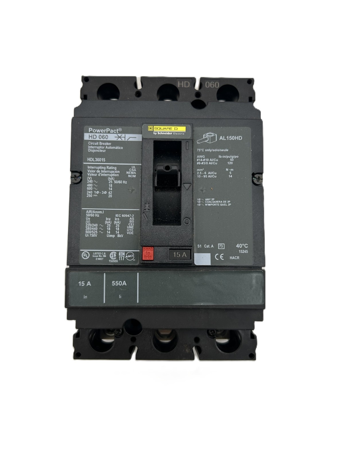 Square D HDL36015 PowerPact Circuit Breaker 15A 3-Pole 600VAC
