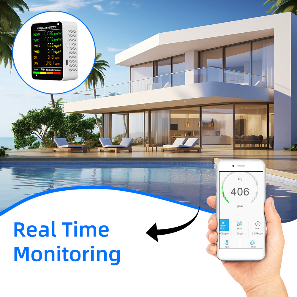 6 in 1 Air Quality Monitor PM CO2 Meter Carbon Dioxide Level TVOC HCHO Detector