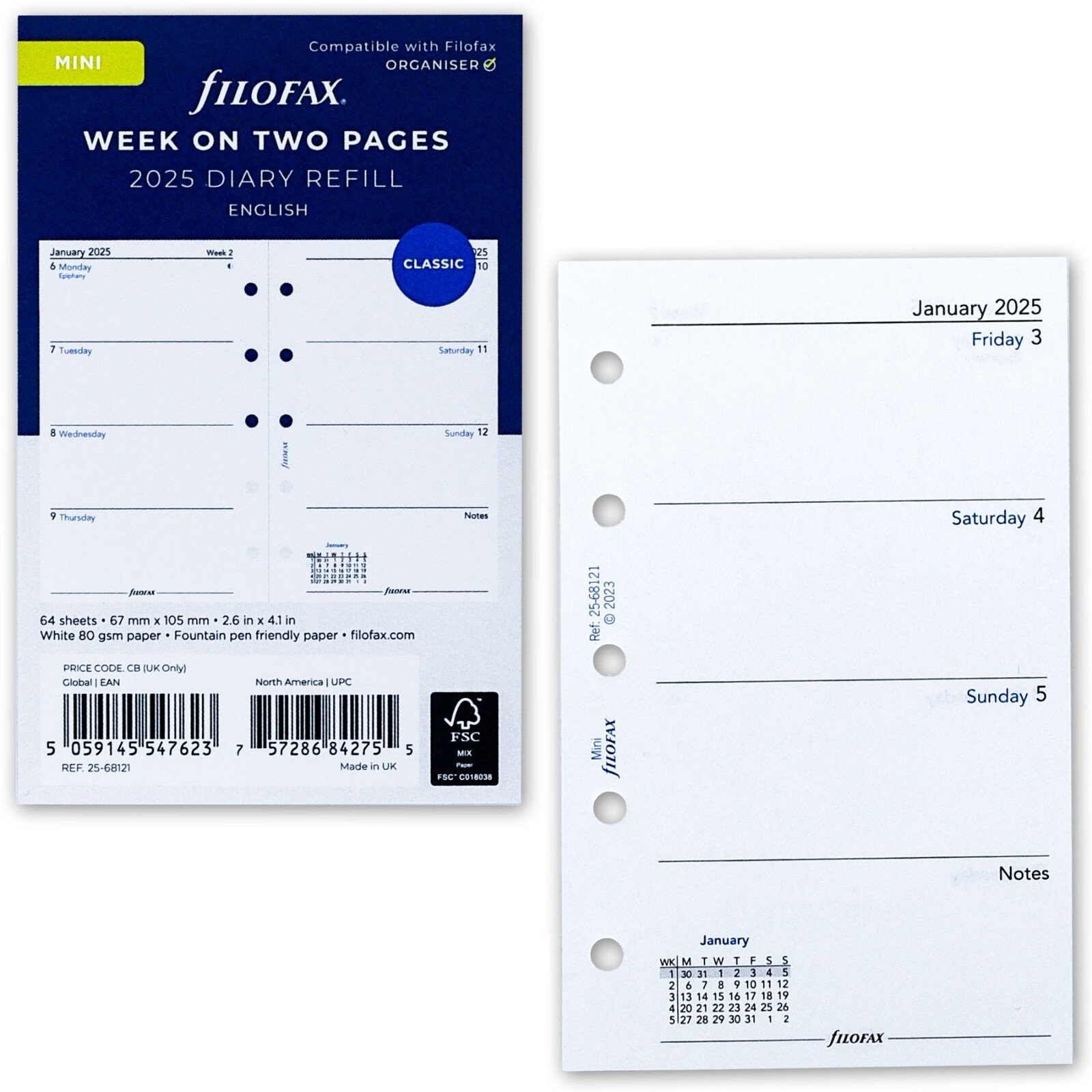 2025 Filofax Mini Size Diary Refill 25-68121 Week on Two Pages, 67mm x 105mm