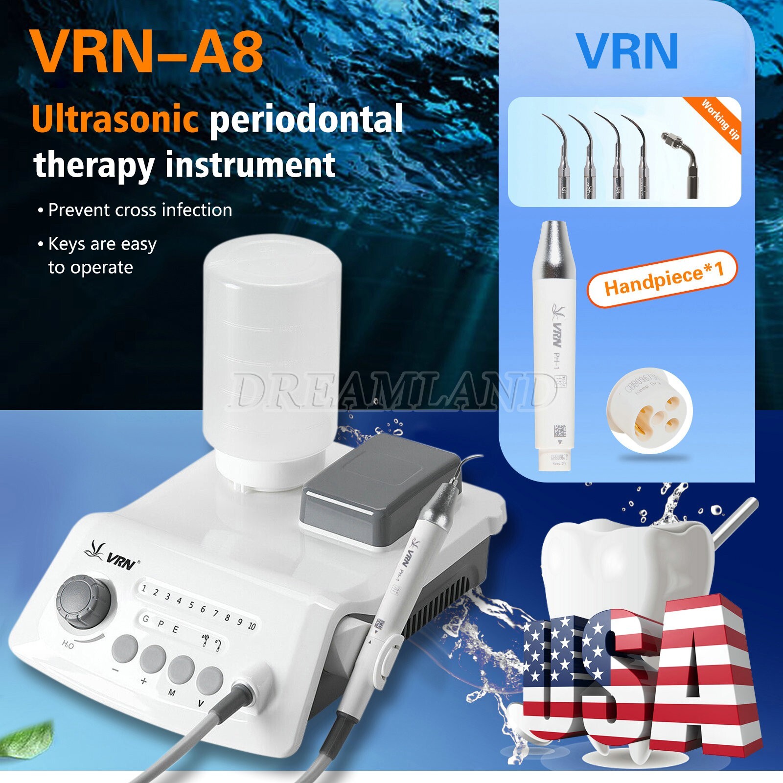 UPS VRN Dental Portable Ultrasonic Piezo Scaler A8 LED Detachable Handpiece