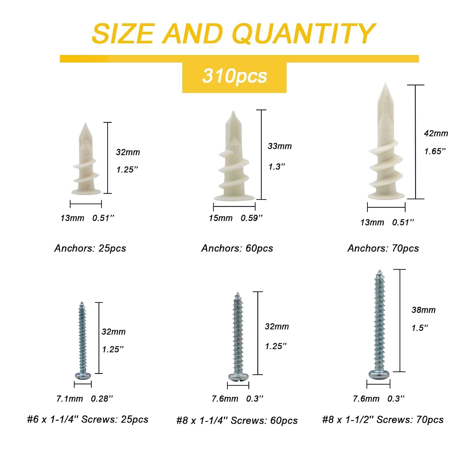 3 Sizes Self Drilling Drywall Anchors, 310PCS Nylon Plastic Wall Anchors