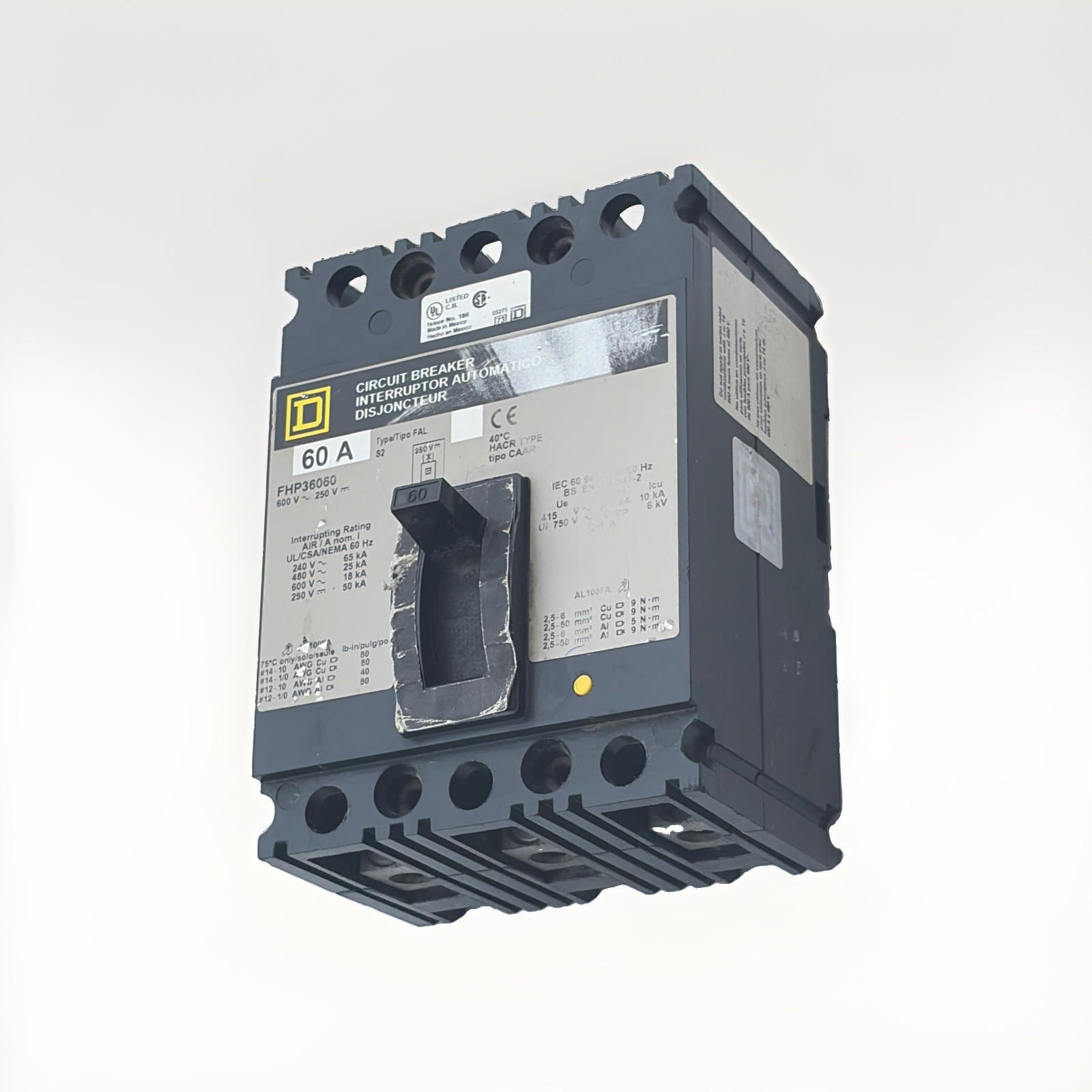 SQUARE D FHP36060 Circuit Breaker 60A, 600 VAC, 3-POLE *GREAT CONDITION*