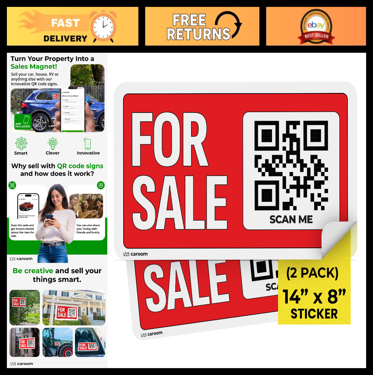 14» x 8» Self-Adhesive Sale Signs – 2-Pack for Real Estate, Business & Vehicle
