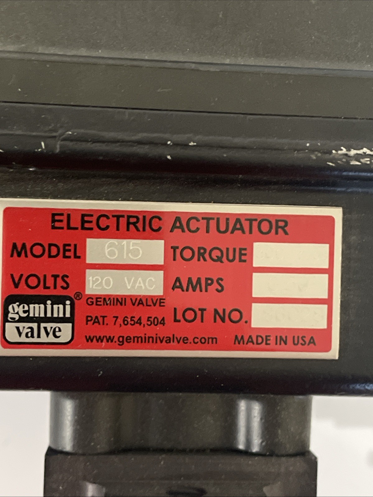 Gemini Valve 615 Actuator 120VAC NEW 300in.lbs