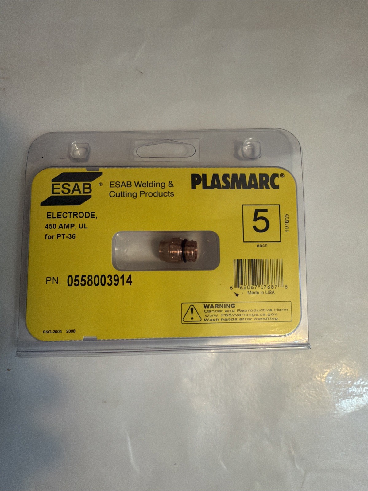 ESAB 0558003914 Plasmarc Electrode 450 AMP, UL for PT-36 – 5Pcs -New