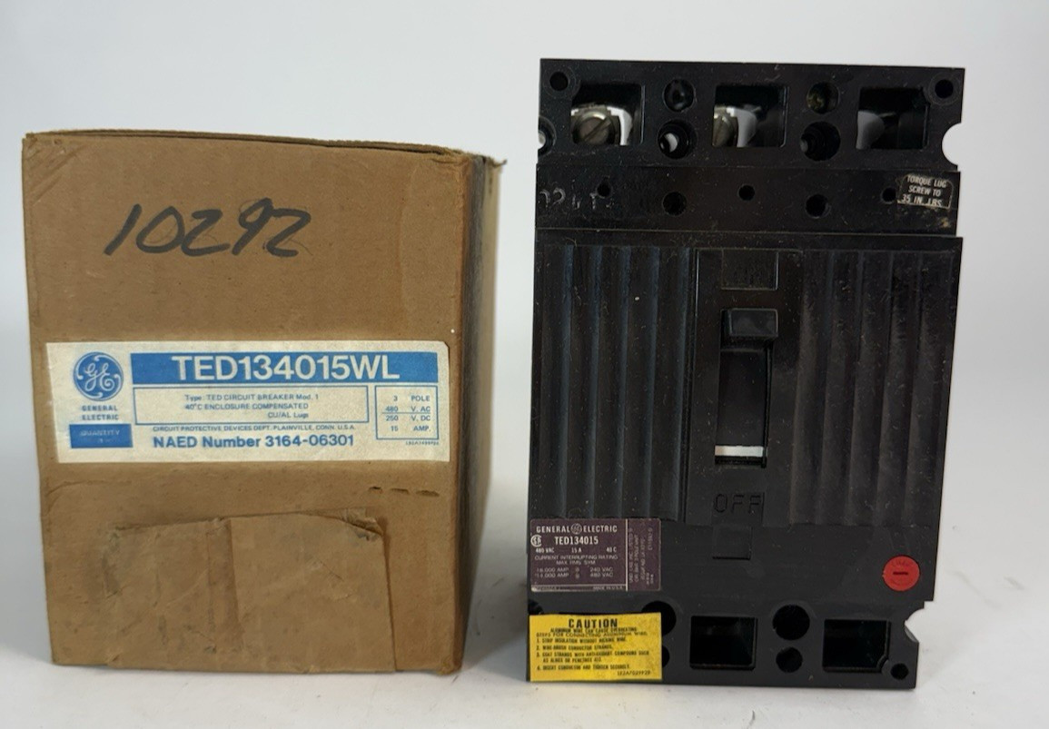 GE TED 134015WL 15A 480/250V 3 Pole Circuit Breaker General Electric