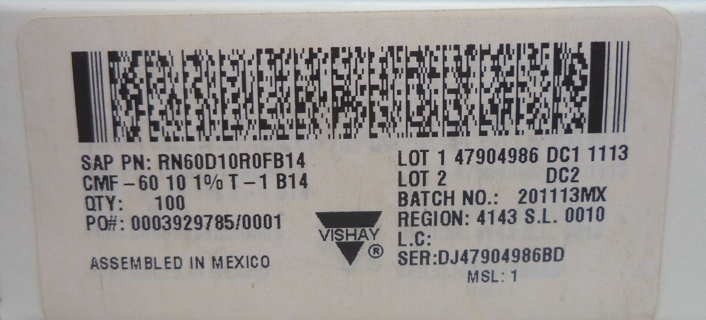 VISHAY®/DALE 1/4-W RN SERIES 1% METAL FILM RESISTOR, 100/LOT, P/N RN60D10R0FB14