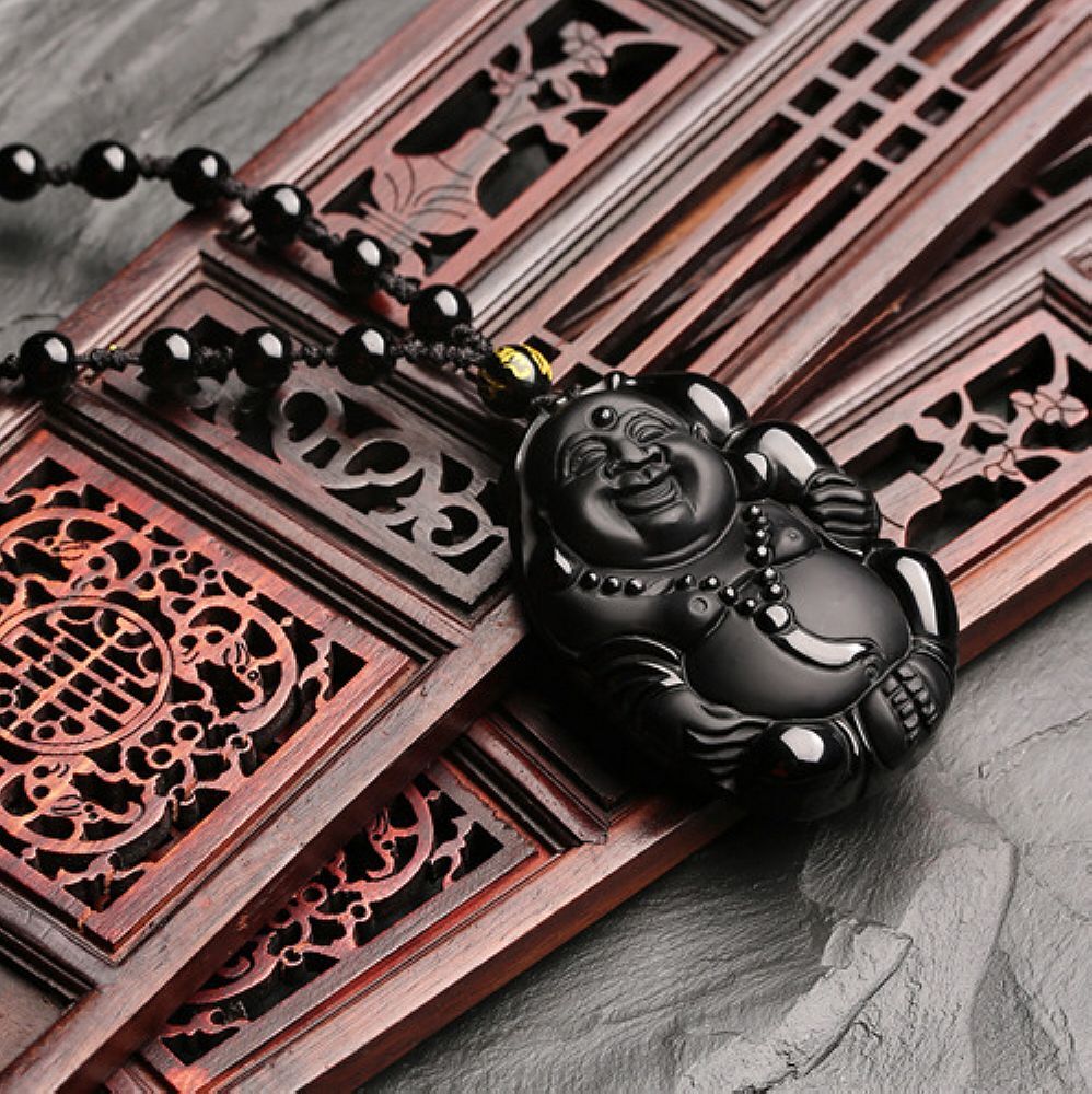 Natural crystal black obsidian laugh buddha necklace pendant Crystal Healing