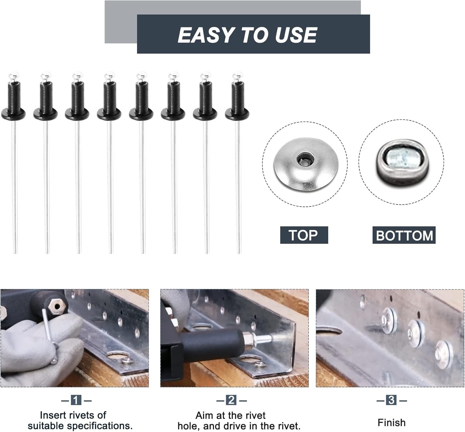 1/8″ x 1/2″ Black Pop Rivets Assortment – 100 Durable Aluminum Fasteners