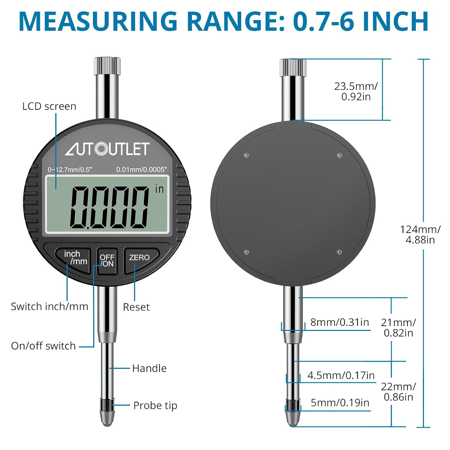 Digital Dial Bore Gauge, 0.7″-6″ Measurement Range, 0.0005″ Precision Dial Bore