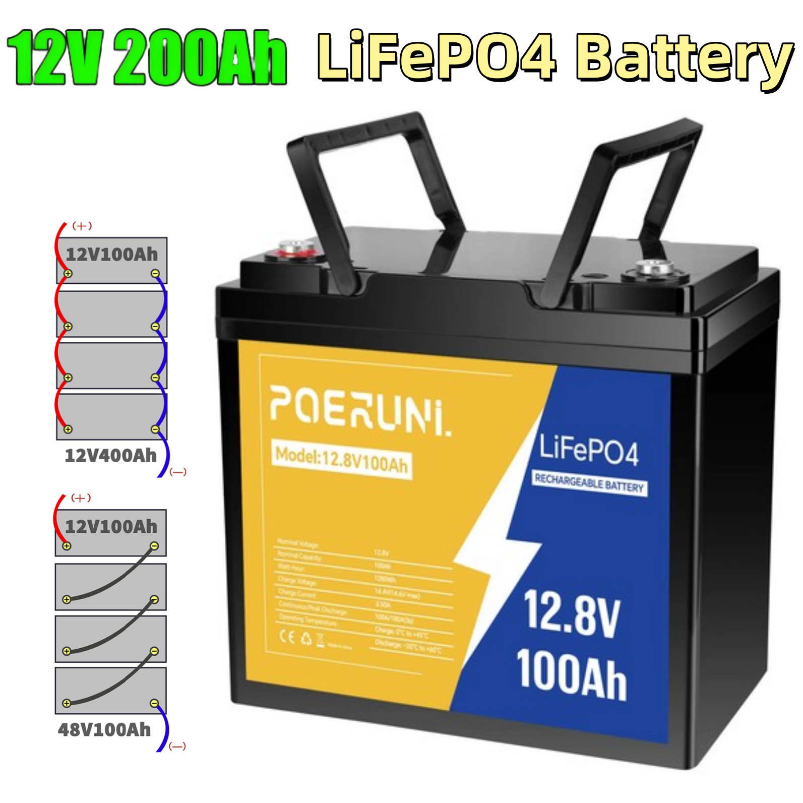 12.8V LiFePO4 Lithium Battery 12V 100Ah 4000+ Deep Cycle BMS for RV Off-Grid