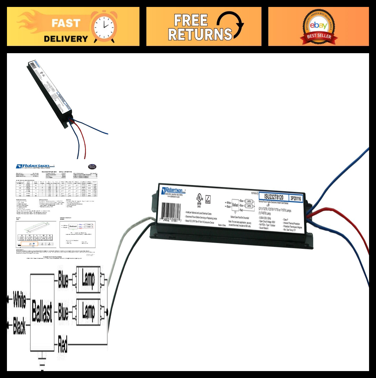 Electronic Fluorescent Ballast for 1-2 T8 Lamps 17W-32W, Instant Start, 120V