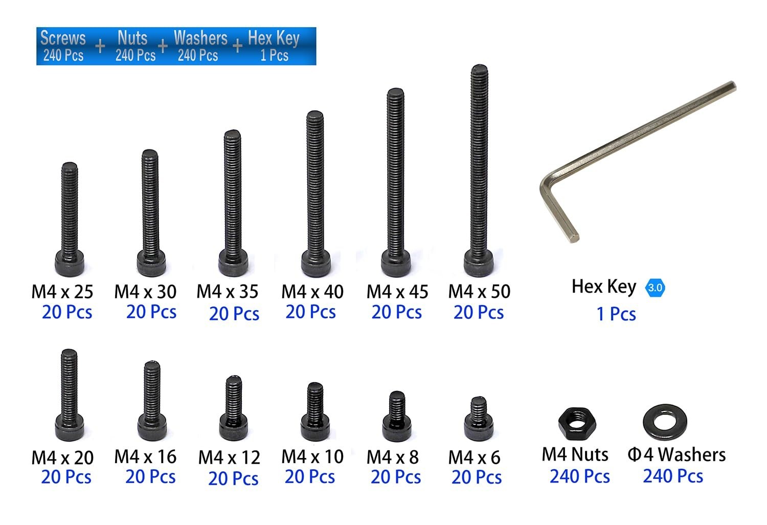 M4x6-50mm Hex Socket Screws, 240 Pcs, Black Oxide