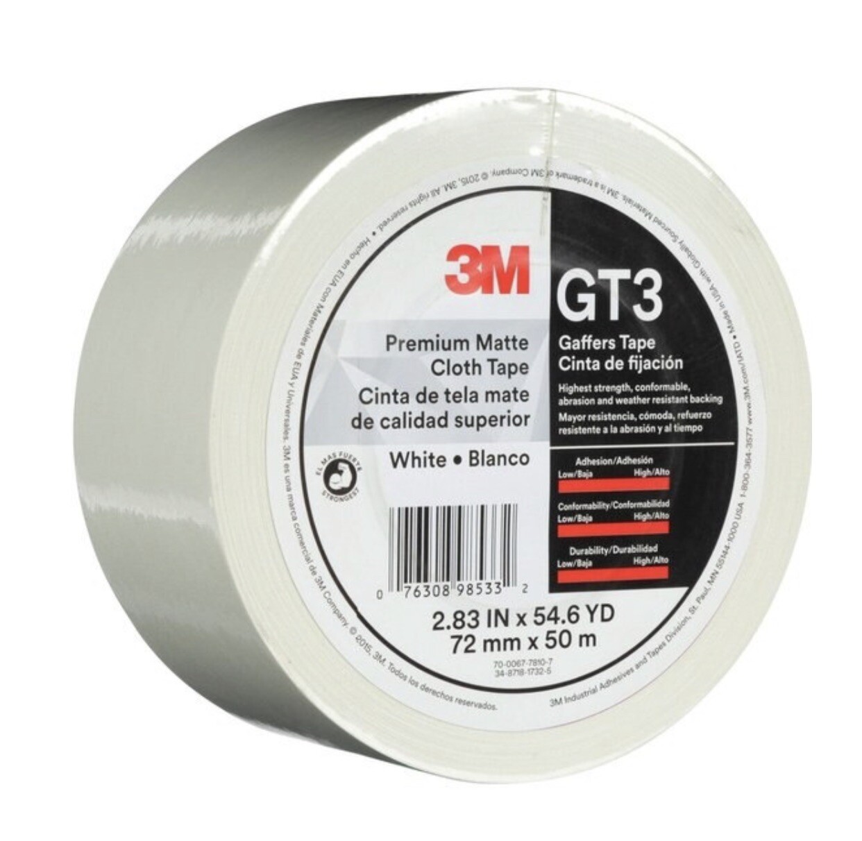 Gaffer Tape 3″ x 55 YD – 3M GT3 Premium Matte WHITE New in Cellophane