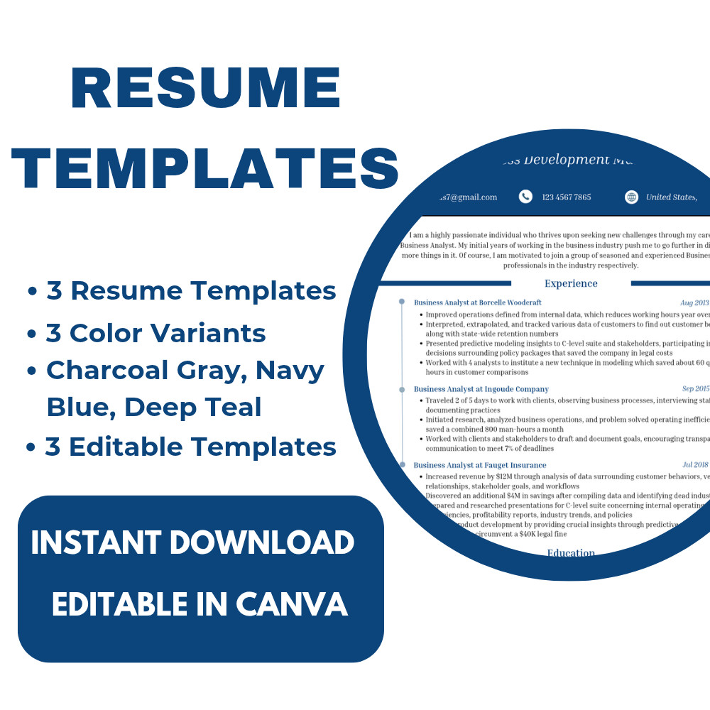 Business Finance Resume CV Template | Canva Editable | 3 Colors | ATS Friendly