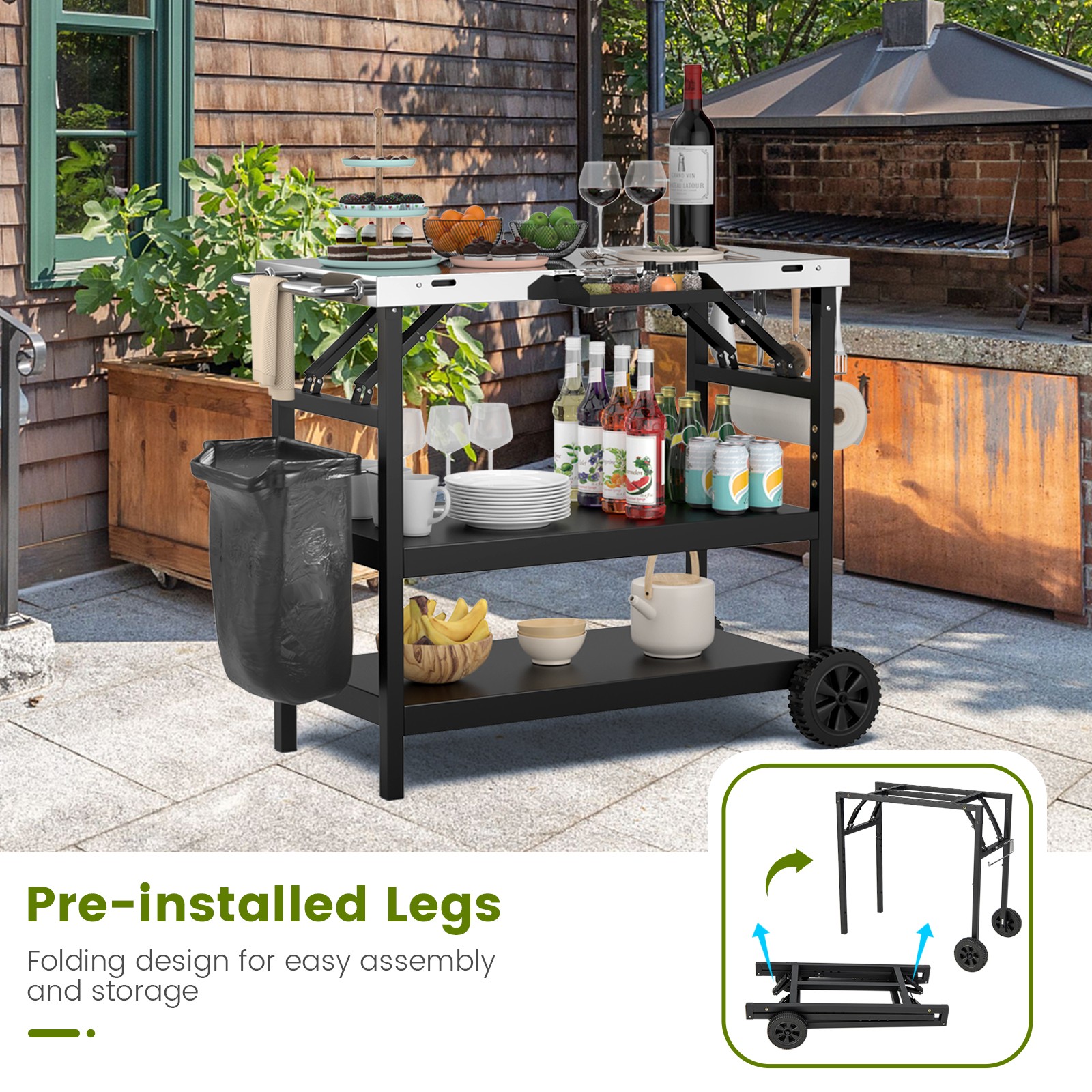 Costway 3-Shelf Movable Grill Cart Table Multifunctional Stainless Steel