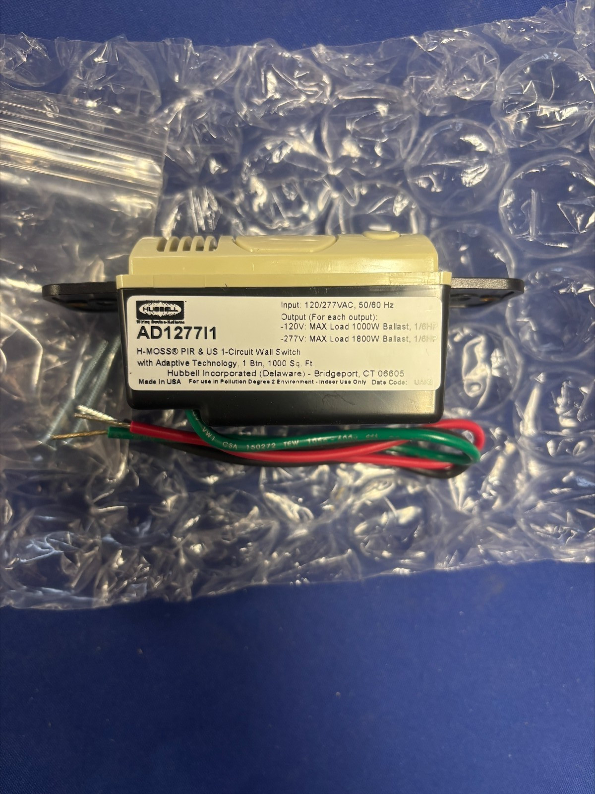 Hubbell AD1277I1 Ivory Ultrasonic & Passive Infrared Sensor Wall Switch