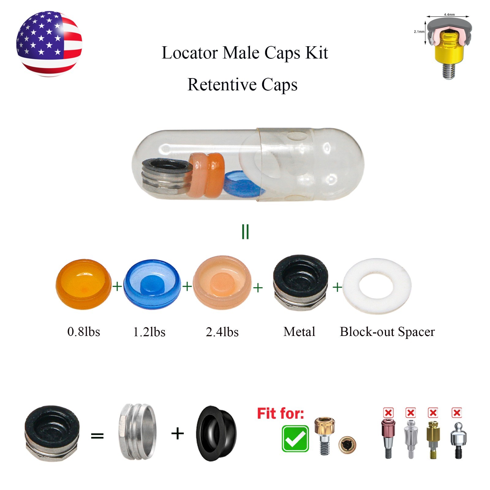 US Locator Abutment for Zimmer Screw-Vent 3.5 Titanium Abutment Male Cap Inserts