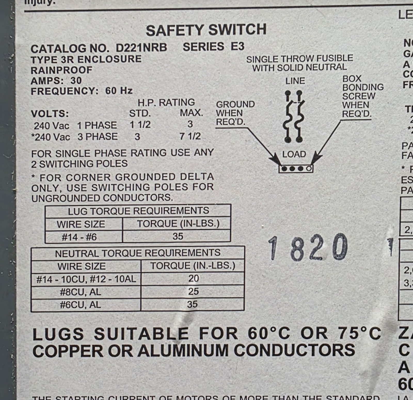 Square D Electrical Breaker Box D221NRB Series E3 General Duty Safety Switch 30A