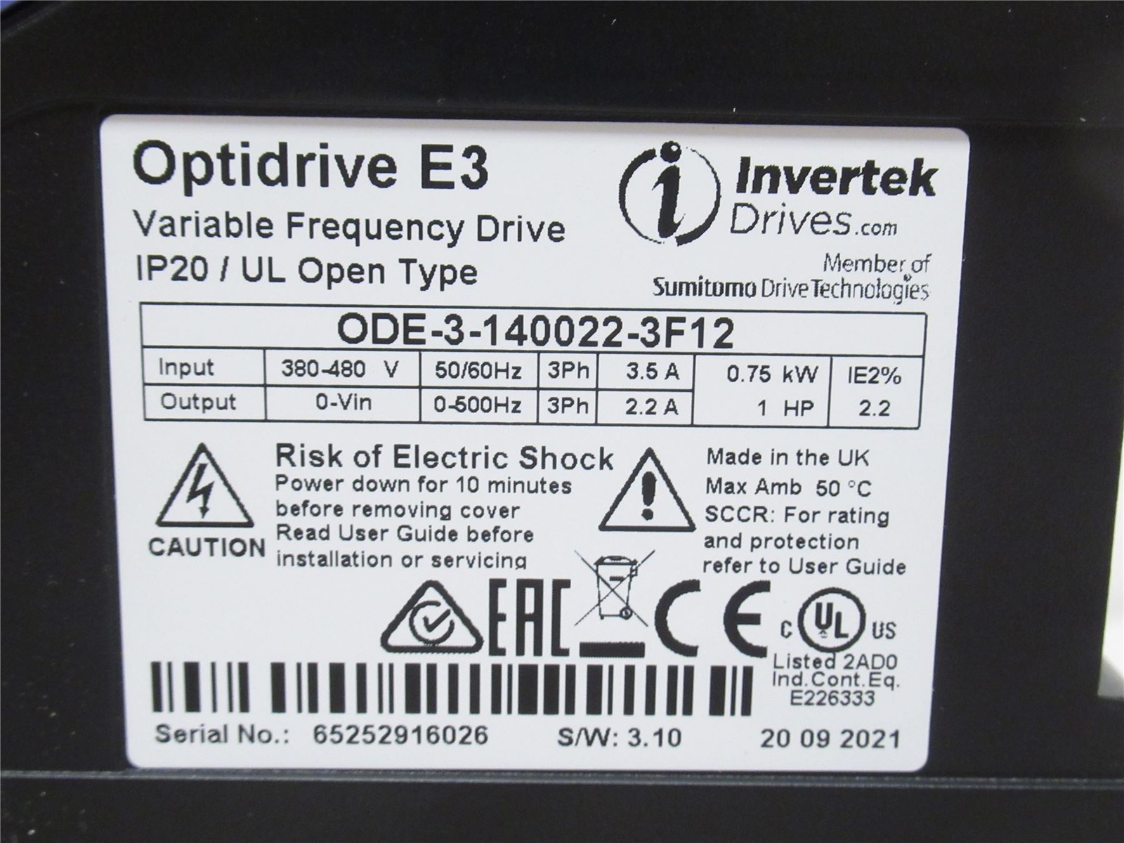 242809 New-No Box; Invertek ODE-3-140022-3F12 AC Drive; 380-480V In; 3PH; 1HP