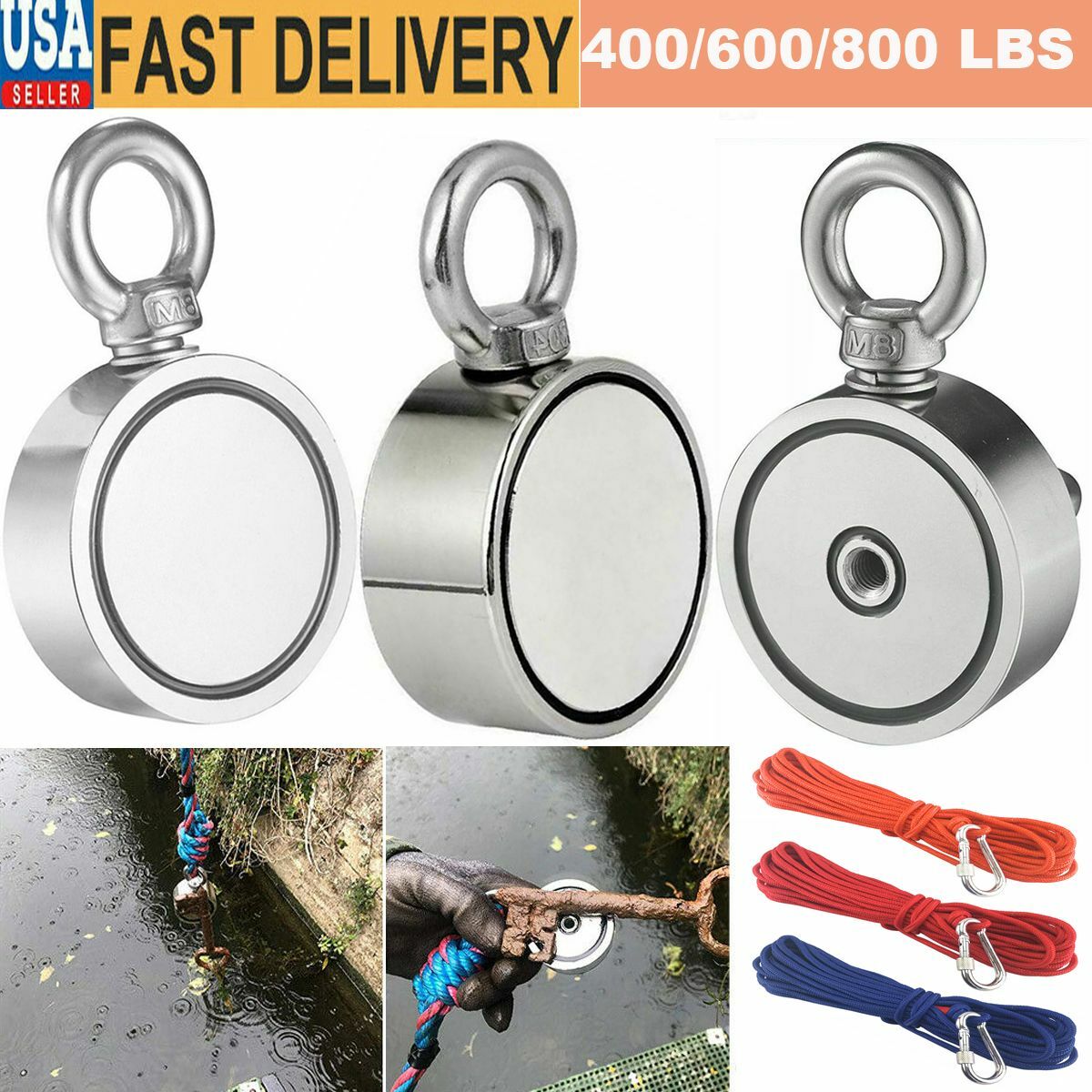 Double Sided Super Strong Neodymium Fishing Magnet 400/600/800LB Pulling Force