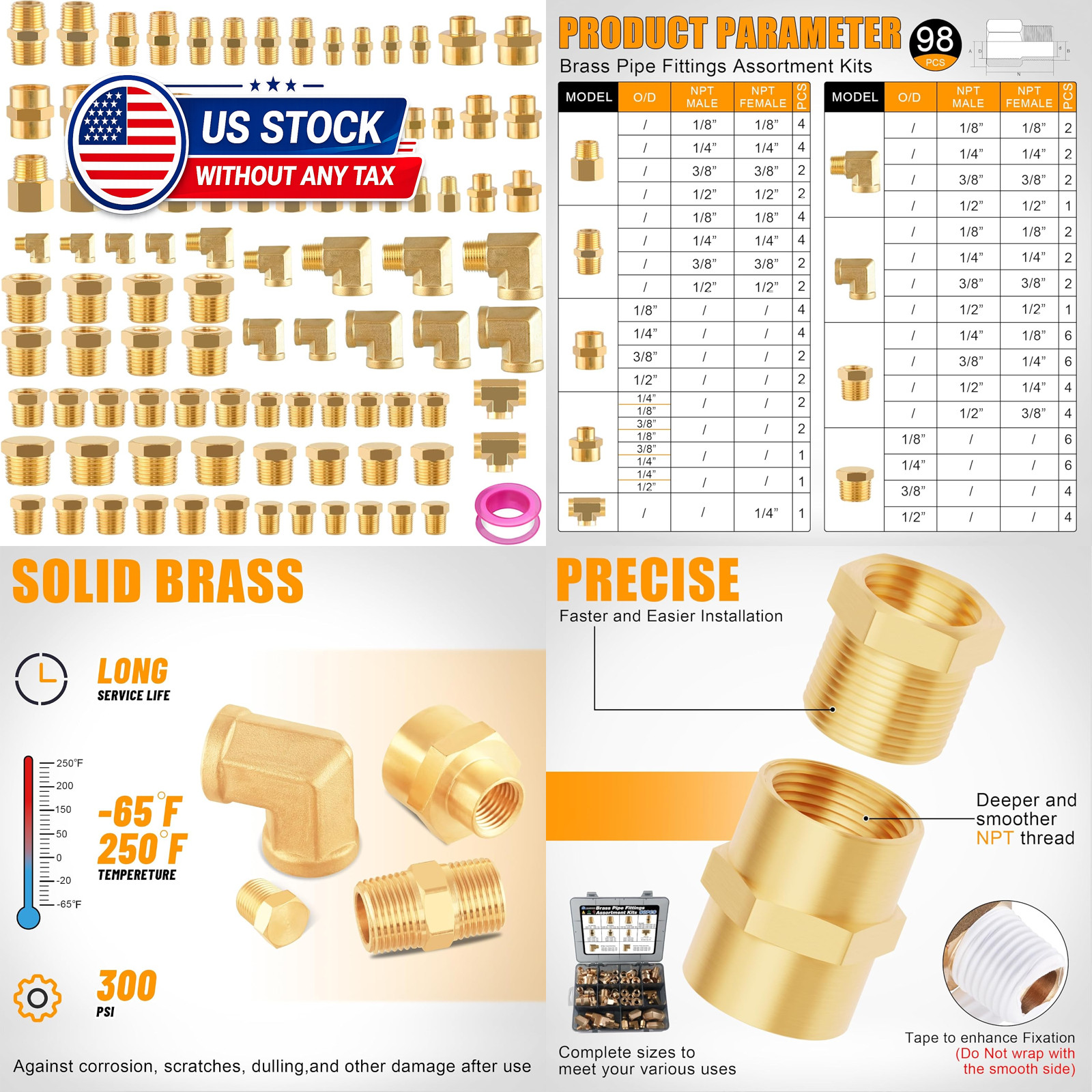 98PCS Brass Pipe Fittings Assortment Kit NPT Adapter,Reducer Bushing, Hex