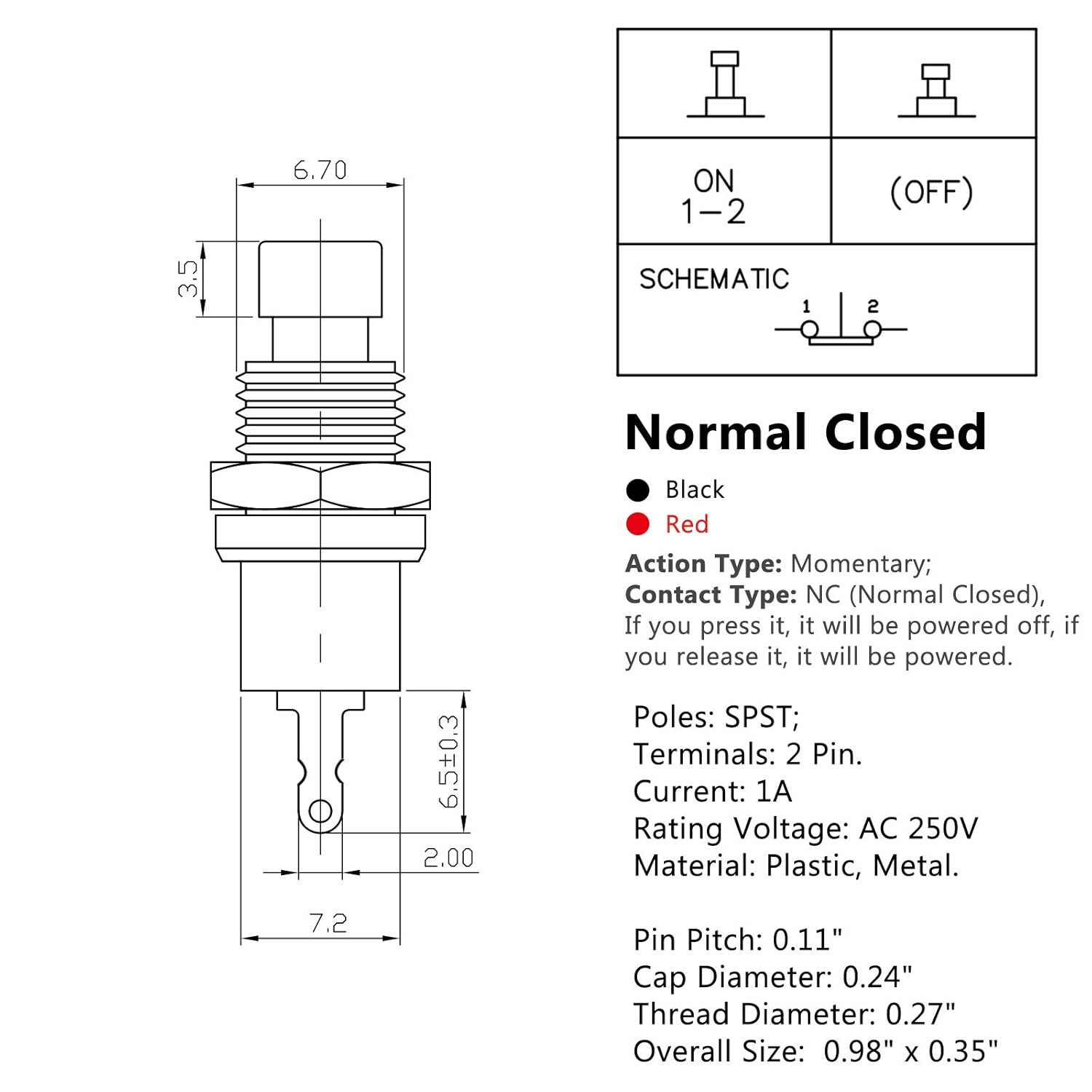Momentary Push Button Switch，SPST Normal Closed NC Switch 2 Pin Mini Micro 1A 25