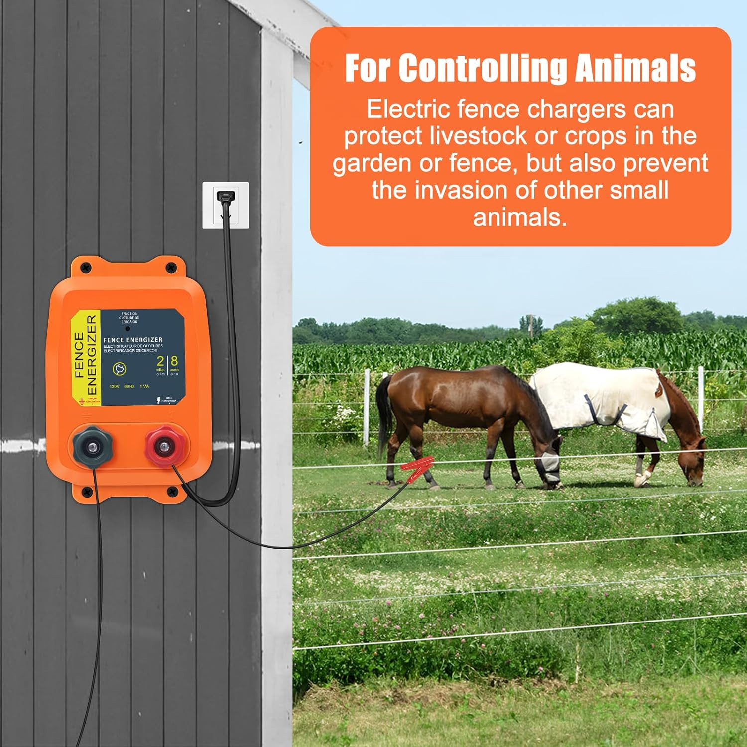 Electric Fence Charger PE2 0.10 Joule, 2-Mile/ 8 Acres Plug in Electric Fence Ch