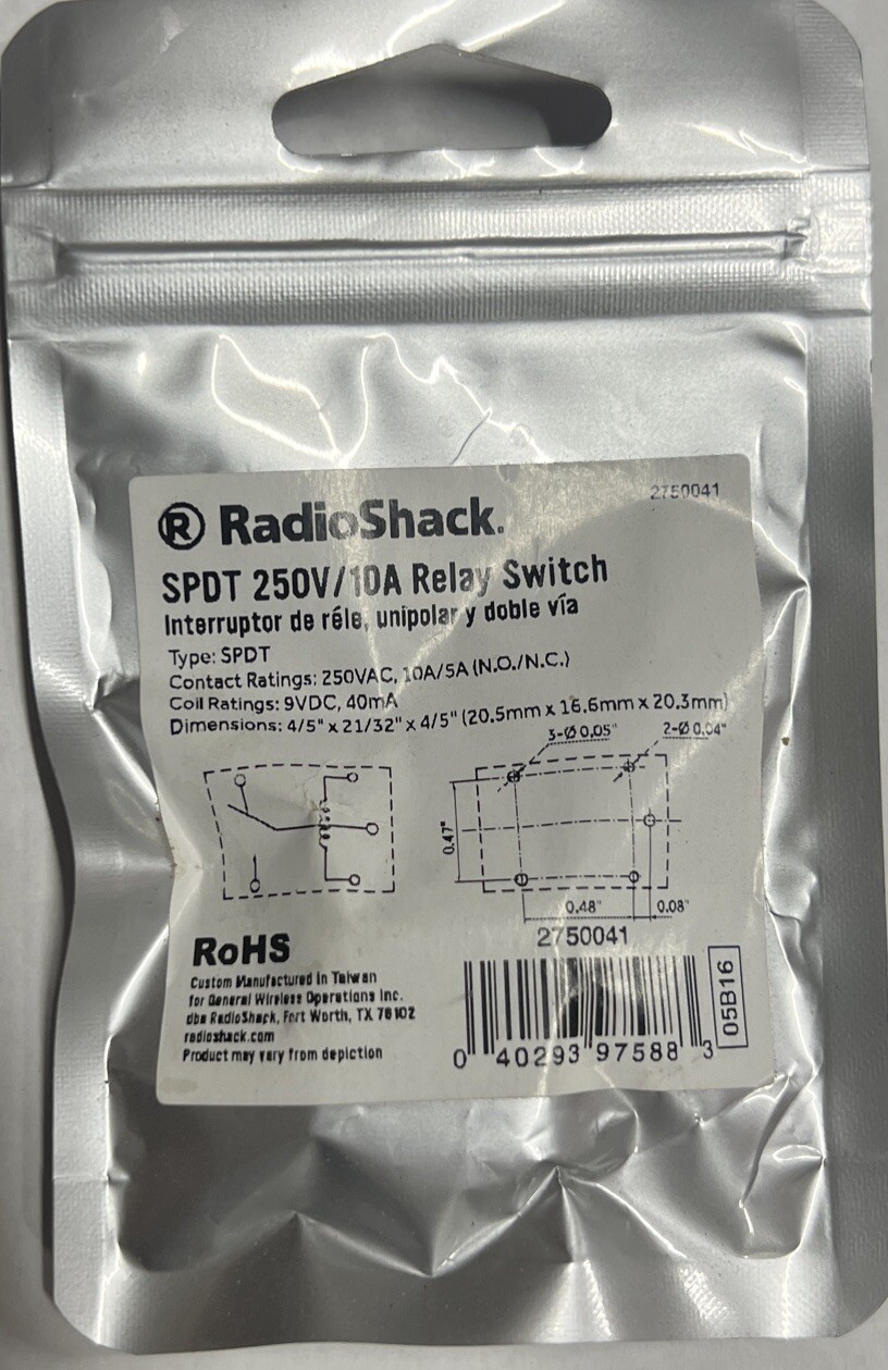 RadioShack SPDT 250VDC Mini Relay 2750041 Create It 10A 9V Coil Rating 40mA