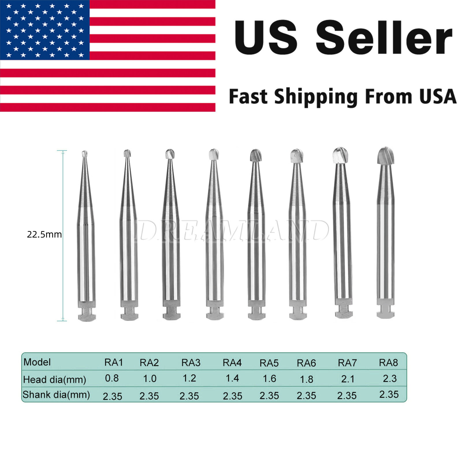 RA #1-8 Regular Round Carbide Burs for Slow Speed Latch Type RA1-RA8 Dental
